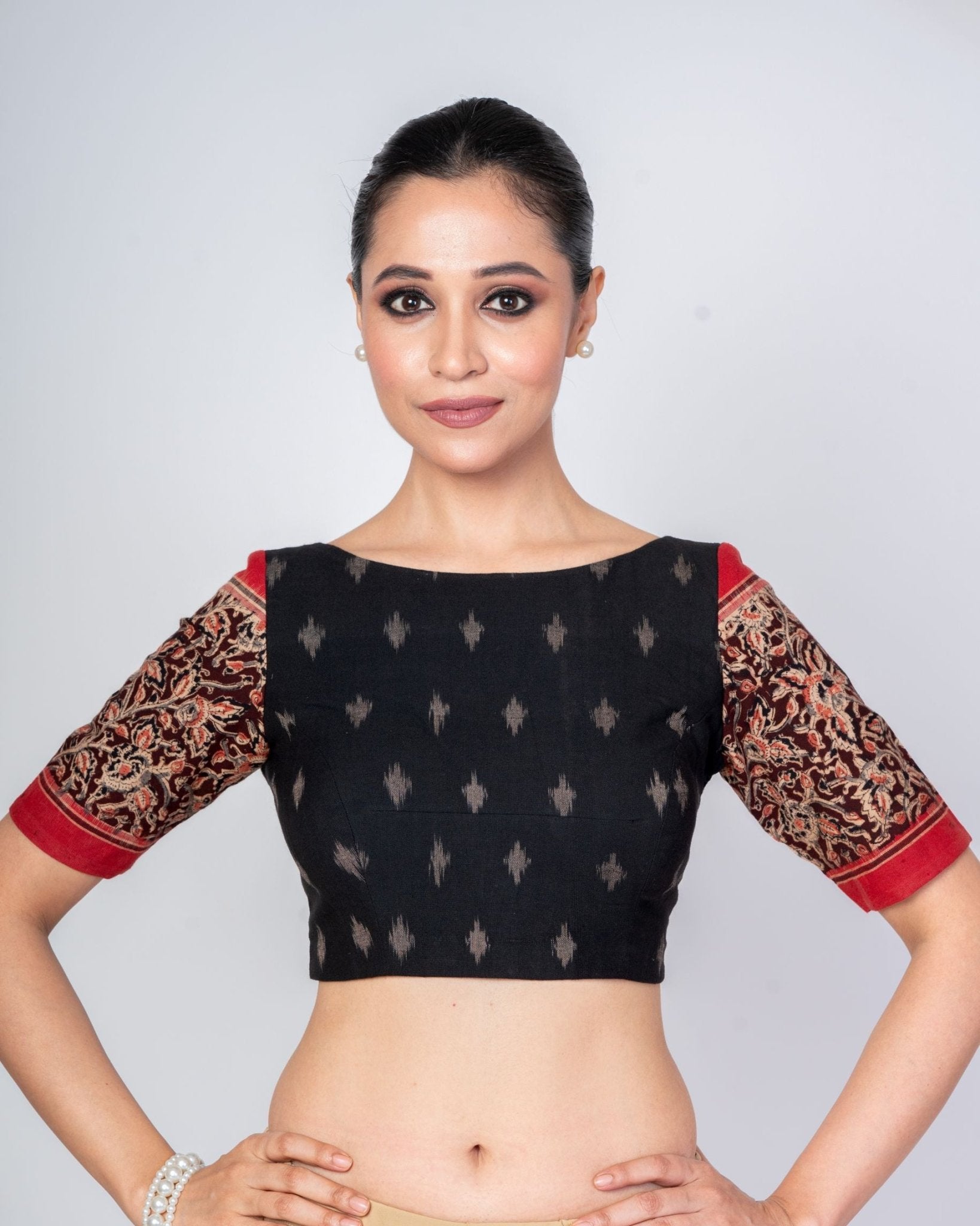 Black and Red Ajrakh Boat Neck Blouse with Elbow Sleeves - Anvi Couture