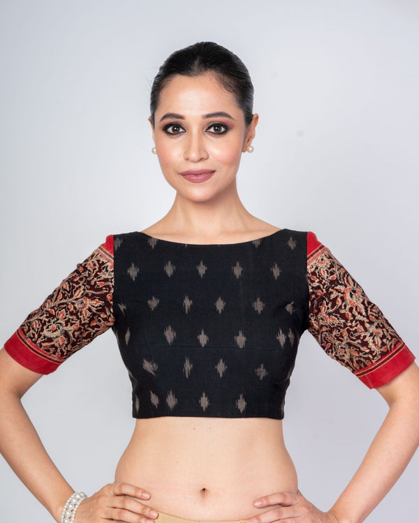 Black and Red Ajrakh Boat Neck Blouse with Elbow Sleeves - Anvi Couture