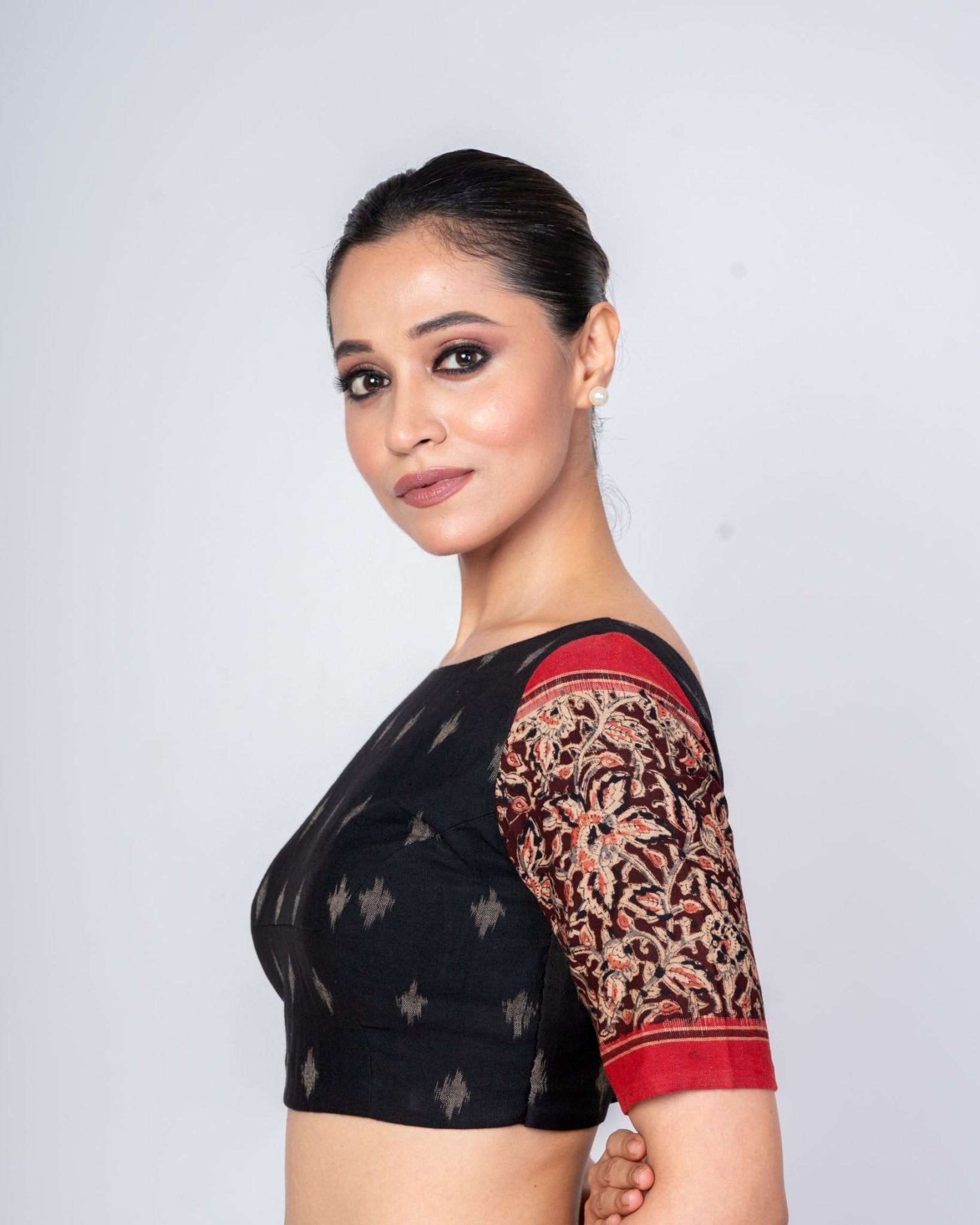 Black and Red Ajrakh Boat Neck Blouse with Elbow Sleeves - Anvi Couture
