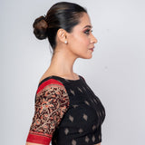 Black and Red Ajrakh Boat Neck Blouse with Elbow Sleeves - Anvi Couture