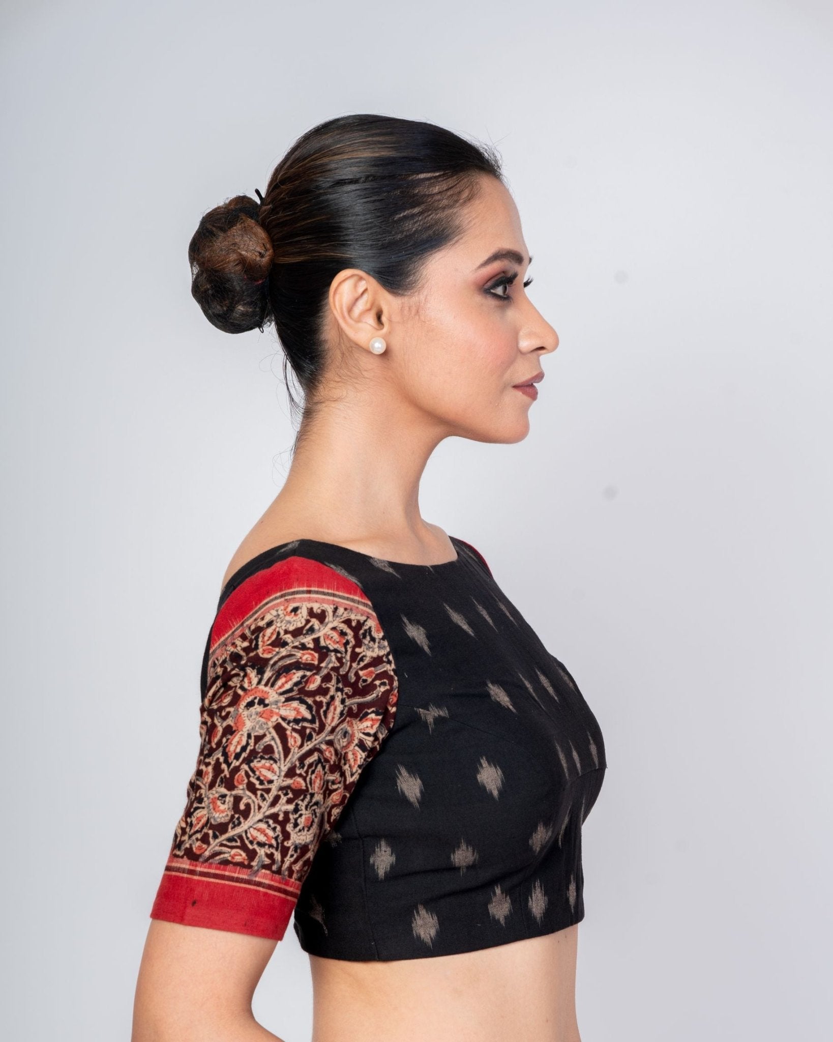 Black and Red Ajrakh Boat Neck Blouse with Elbow Sleeves - Anvi Couture