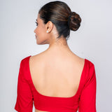 Red Cotton Silk Square Neck Elbow Sleeves Blouse - Anvi Couture