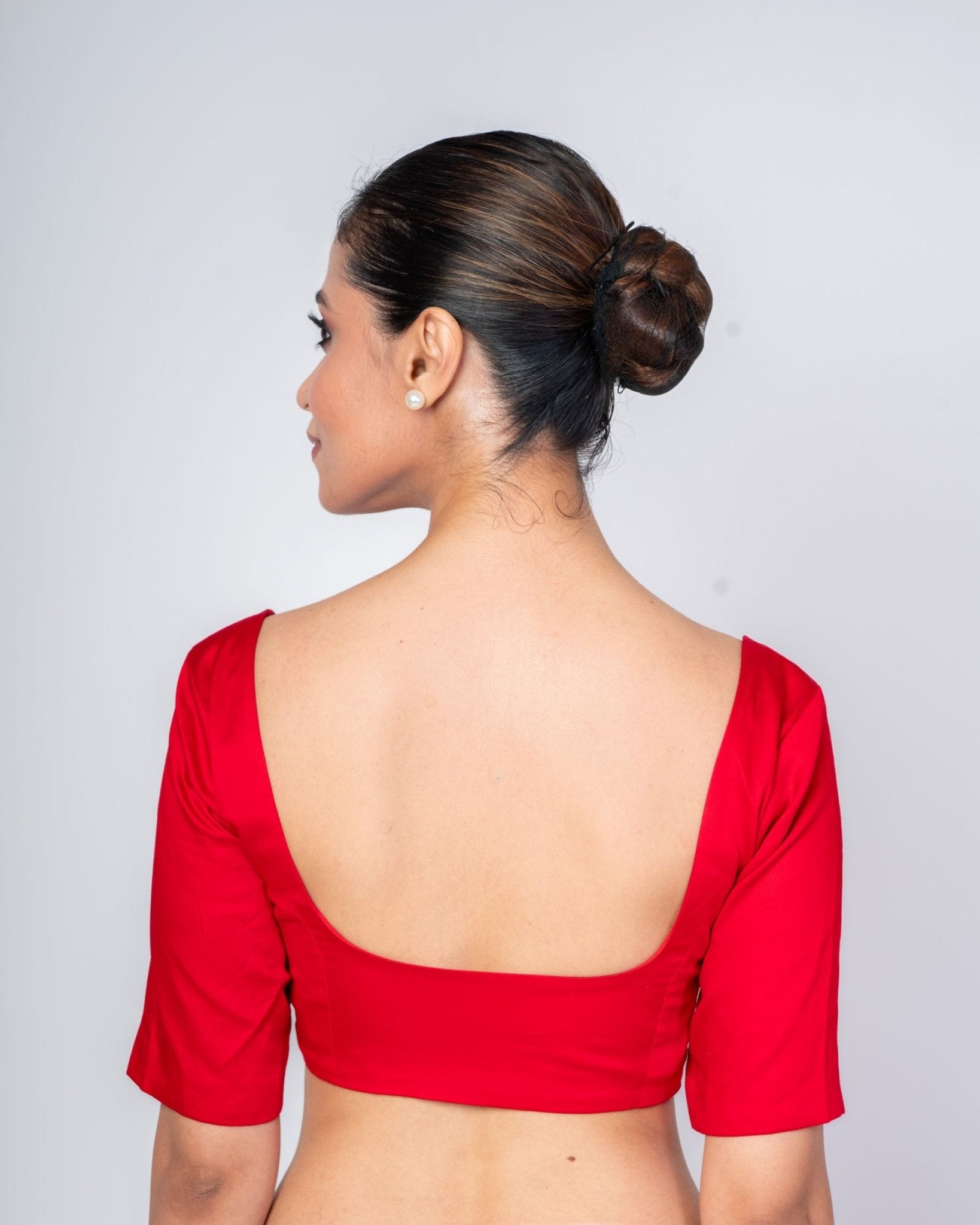 Red Cotton Silk Square Neck Elbow Sleeves Blouse - Anvi Couture