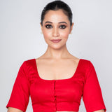 Red Cotton Silk Square Neck Elbow Sleeves Blouse - Anvi Couture