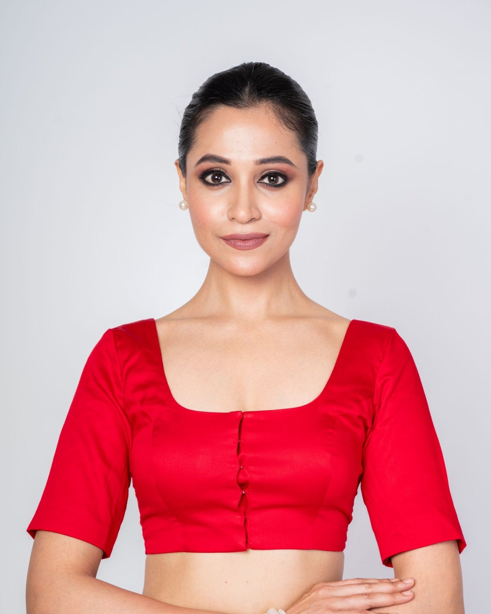 Red Cotton Silk Square Neck Elbow Sleeves Blouse - Anvi Couture