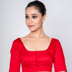 Red Cotton Silk Square Neck Elbow Sleeves Blouse - Anvi Couture