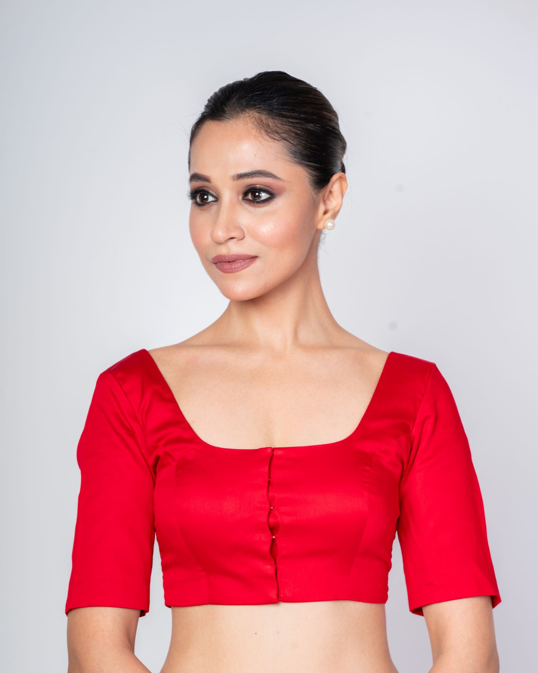 Red Cotton Silk Square Neck Elbow Sleeves Blouse - Anvi Couture