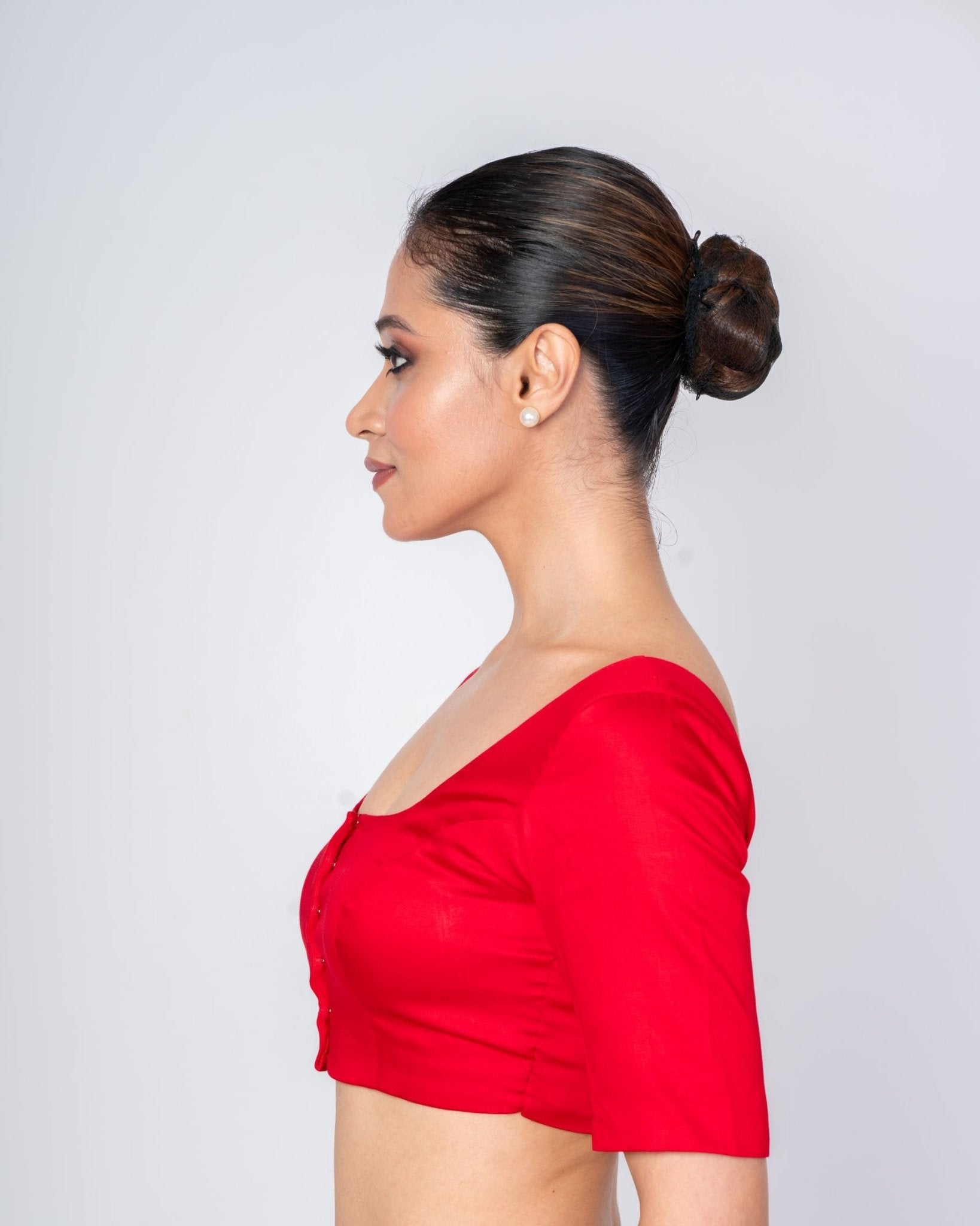 Red Cotton Silk Square Neck Elbow Sleeves Blouse - Anvi Couture