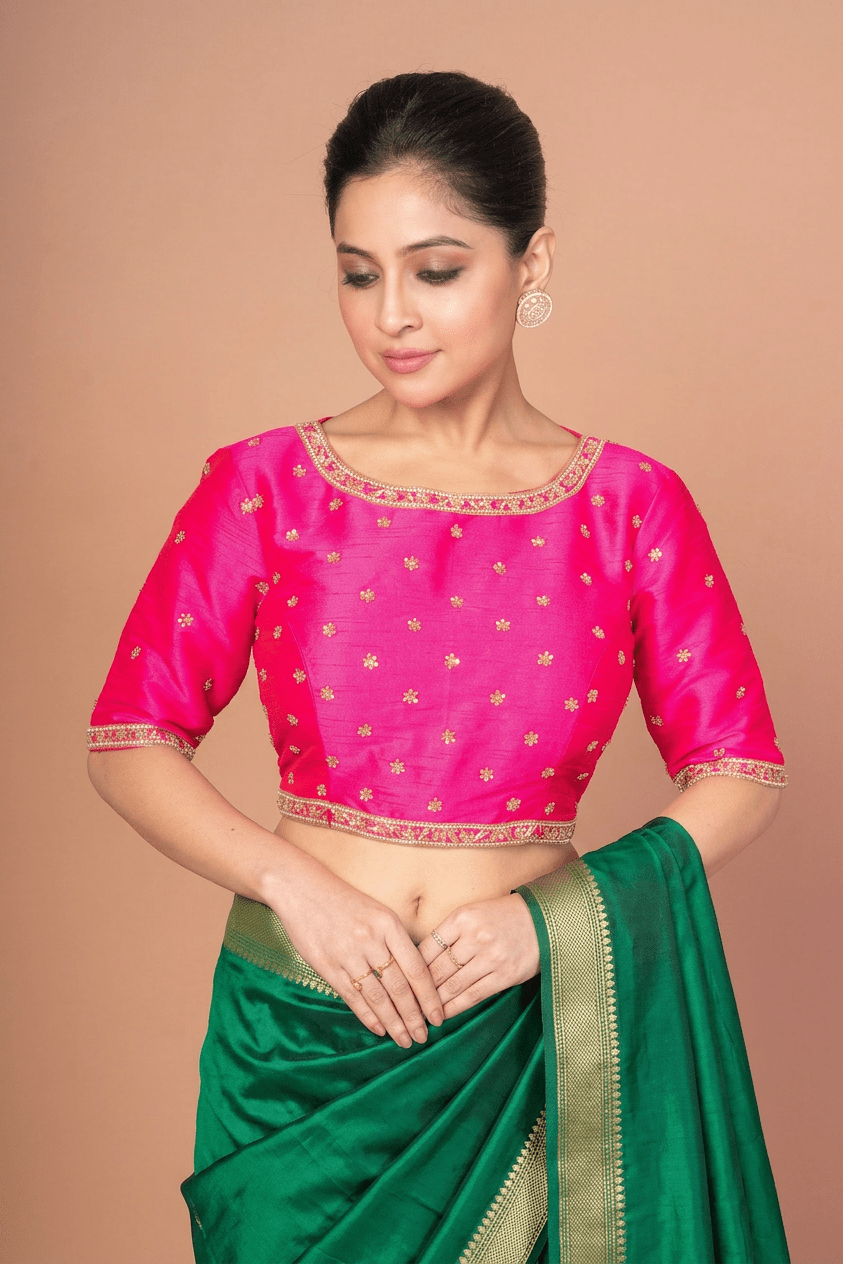 Hot Pink Hand Embroidered Blouse in Raw Silk With Boat Neckline and Back cutout - Anvi Couture