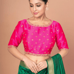 Hot Pink Hand Embroidered Blouse in Raw Silk With Boat Neckline and Back cutout - Anvi Couture