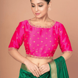 Hot Pink Hand Embroidered Blouse in Raw Silk With Boat Neckline and Back cutout - Anvi Couture