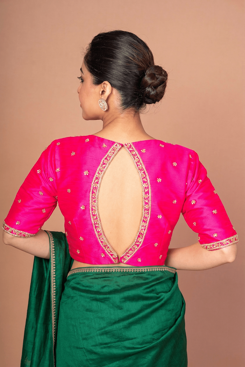 Hot Pink Hand Embroidered Blouse in Raw Silk With Boat Neckline and Back cutout - Anvi Couture