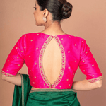 Hot Pink Hand Embroidered Blouse in Raw Silk With Boat Neckline and Back cutout - Anvi Couture