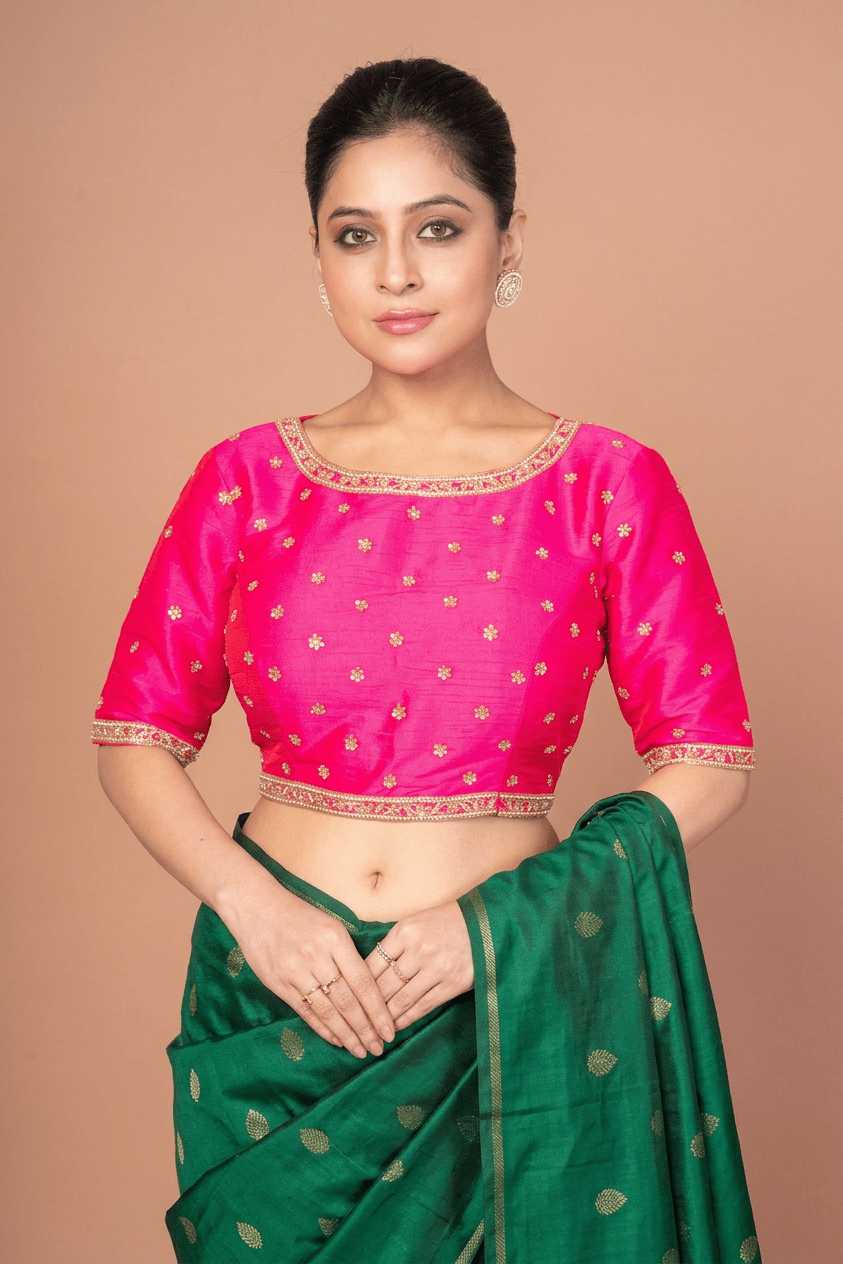 Hot Pink Hand Embroidered Blouse in Raw Silk With Boat Neckline and Back cutout - Anvi Couture