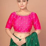 Hot Pink Hand Embroidered Blouse in Raw Silk With Boat Neckline and Back cutout - Anvi Couture