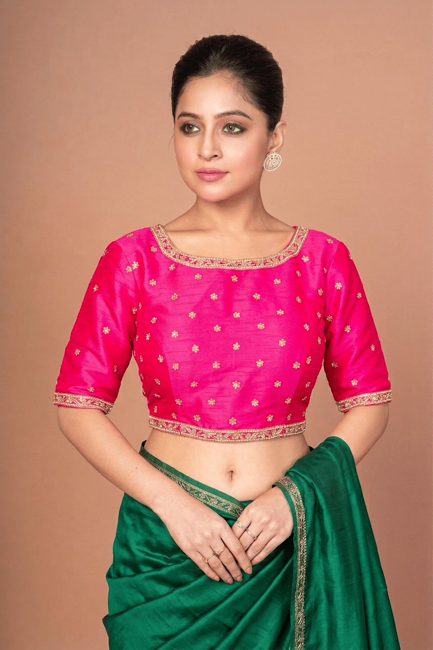 Hot Pink Hand Embroidered Blouse in Raw Silk With Boat Neckline and Back cutout - Anvi Couture