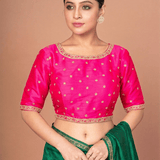 Hot Pink Hand Embroidered Blouse in Raw Silk With Boat Neckline and Back cutout - Anvi Couture