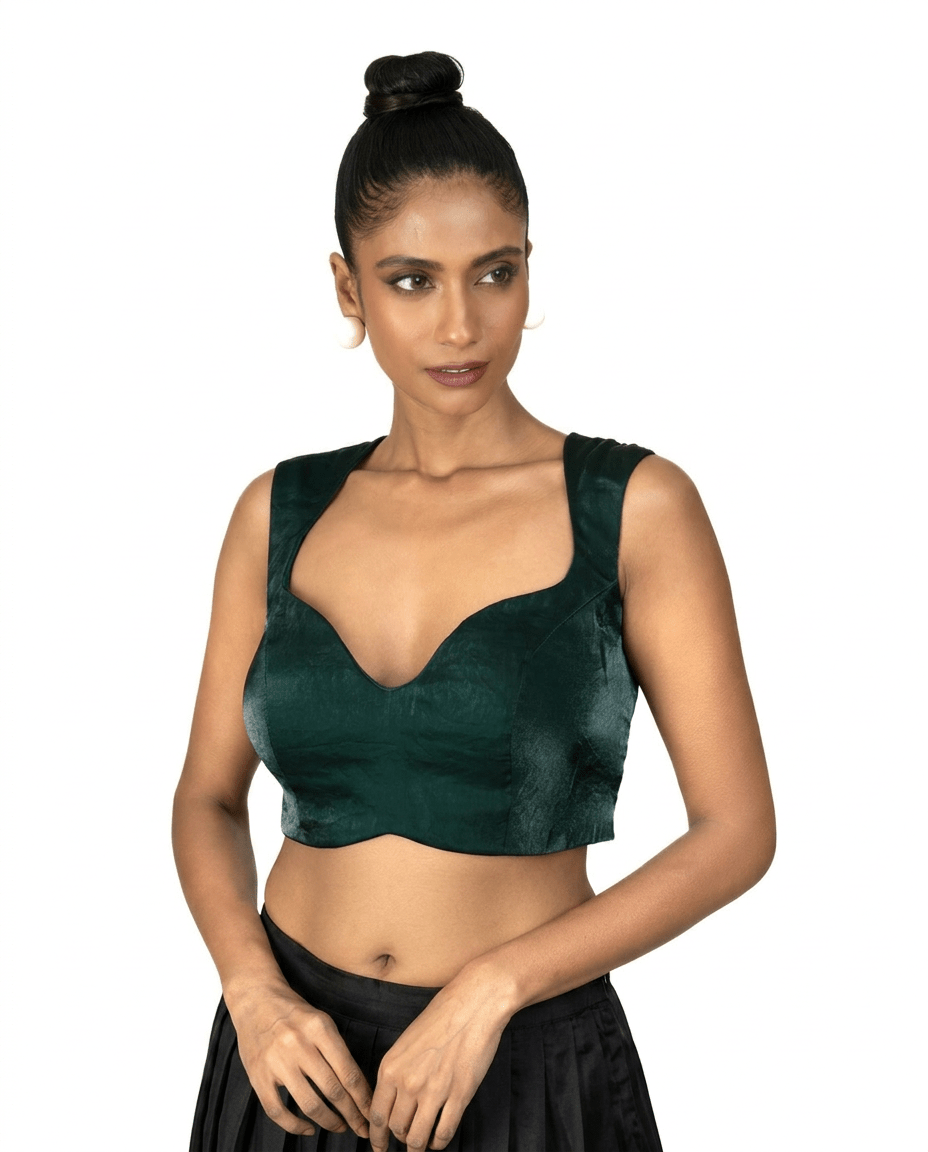 Dark Green Queen Anne Sleeveless Blouse in Silk Organza - Anvi Couture
