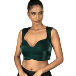 Dark Green Queen Anne Sleeveless Blouse in Silk Organza - Anvi Couture