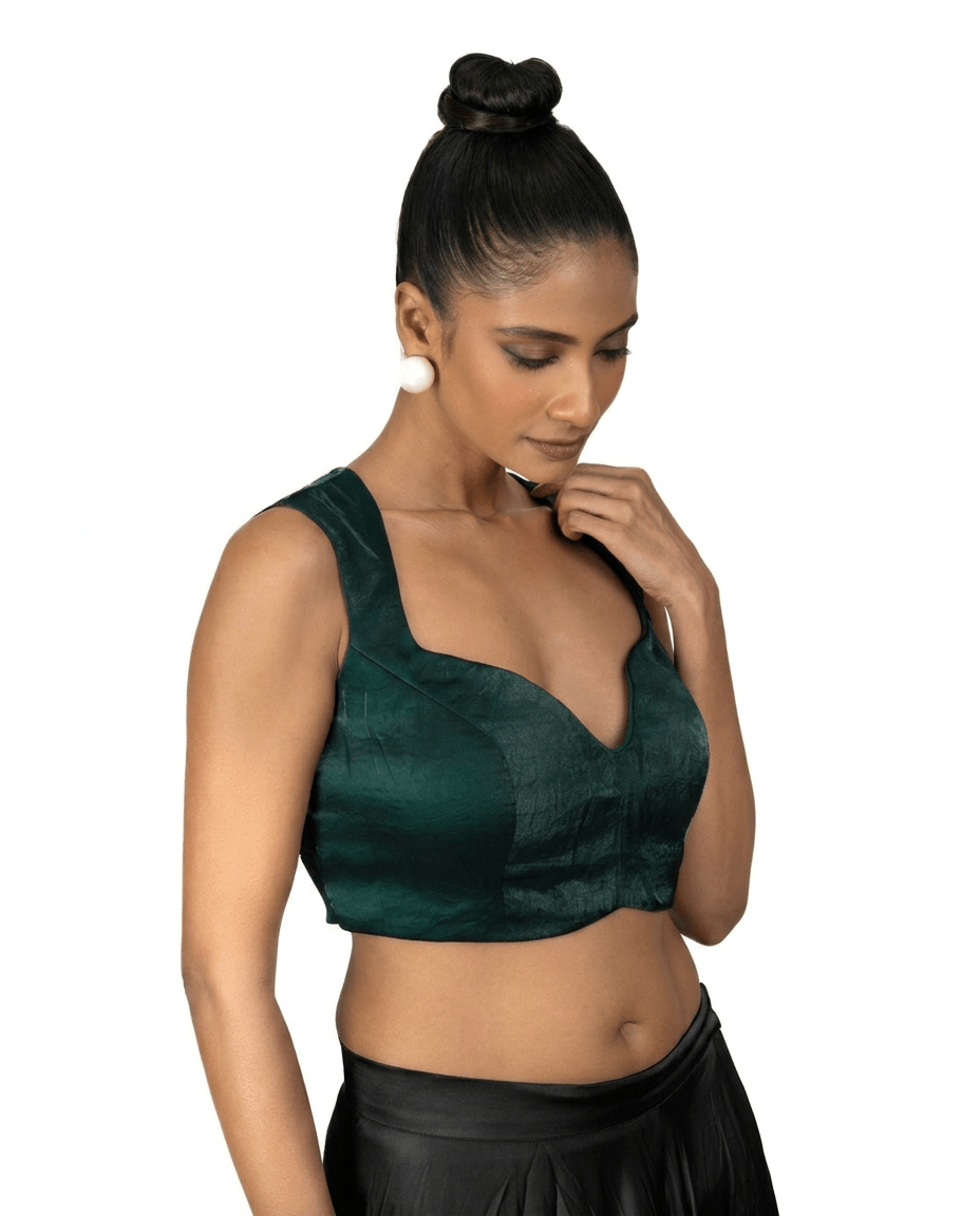 Dark Green Queen Anne Sleeveless Blouse in Silk Organza - Anvi Couture