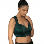 Dark Green Queen Anne Sleeveless Blouse in Silk Organza - Anvi Couture