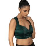 Dark Green Queen Anne Sleeveless Blouse in Silk Organza - Anvi Couture