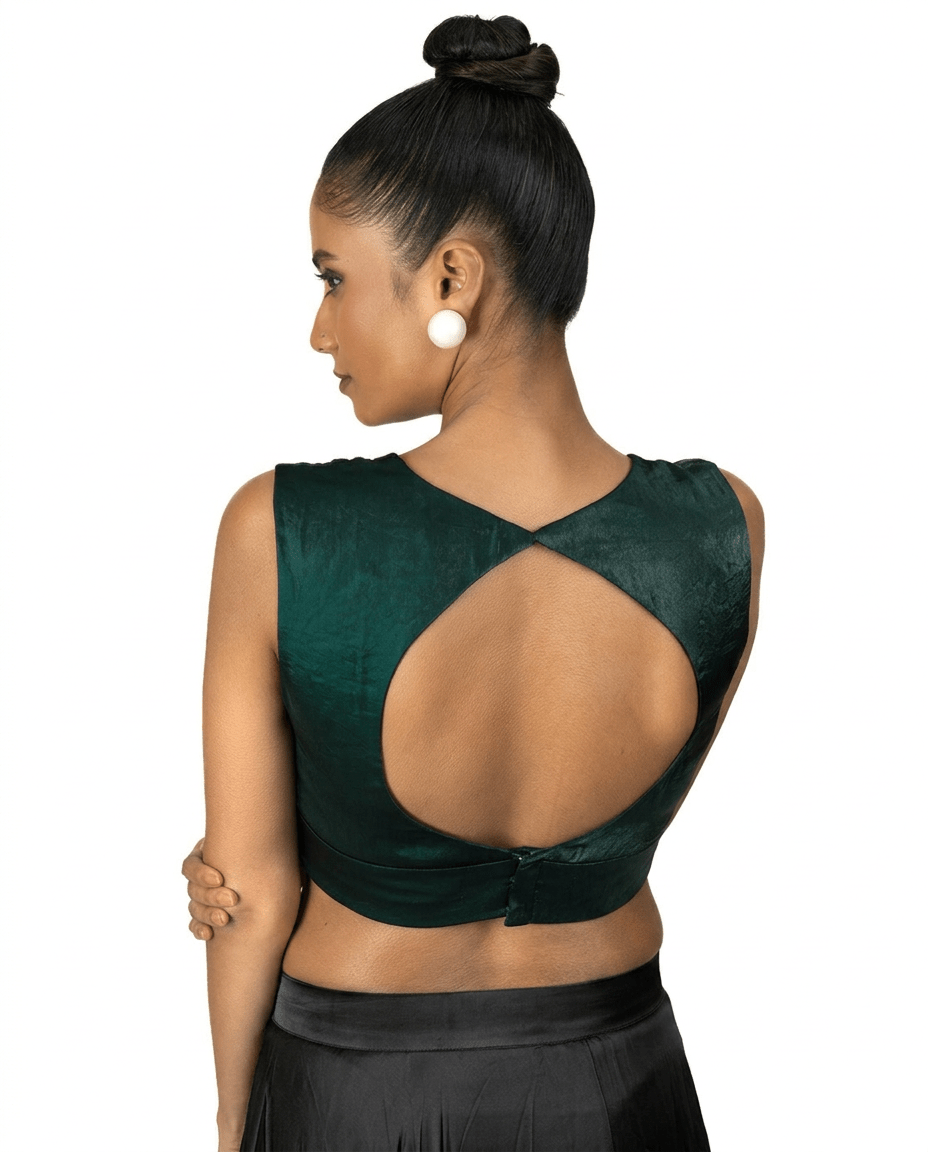 Dark Green Queen Anne Sleeveless Blouse in Silk Organza - Anvi Couture