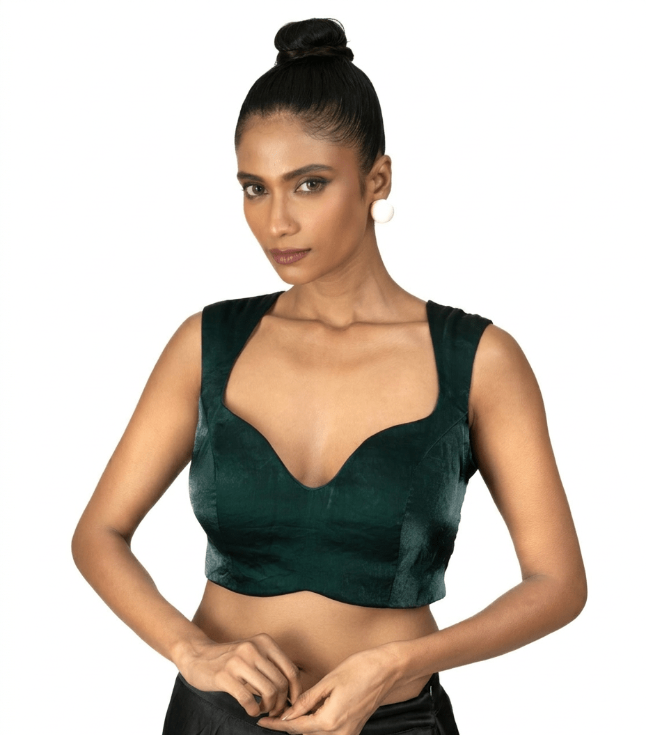 Dark Green Queen Anne Sleeveless Blouse in Silk Organza - Anvi Couture