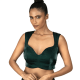 Dark Green Queen Anne Sleeveless Blouse in Silk Organza - Anvi Couture
