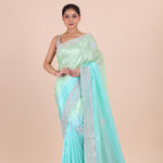 Firozi Blue Colour Ombre Cutdana Embroidered Designer Saree Front View