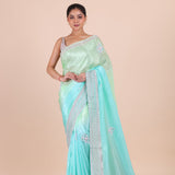 Firozi Blue Colour Ombre Cutdana Embroidered Designer Saree Front View