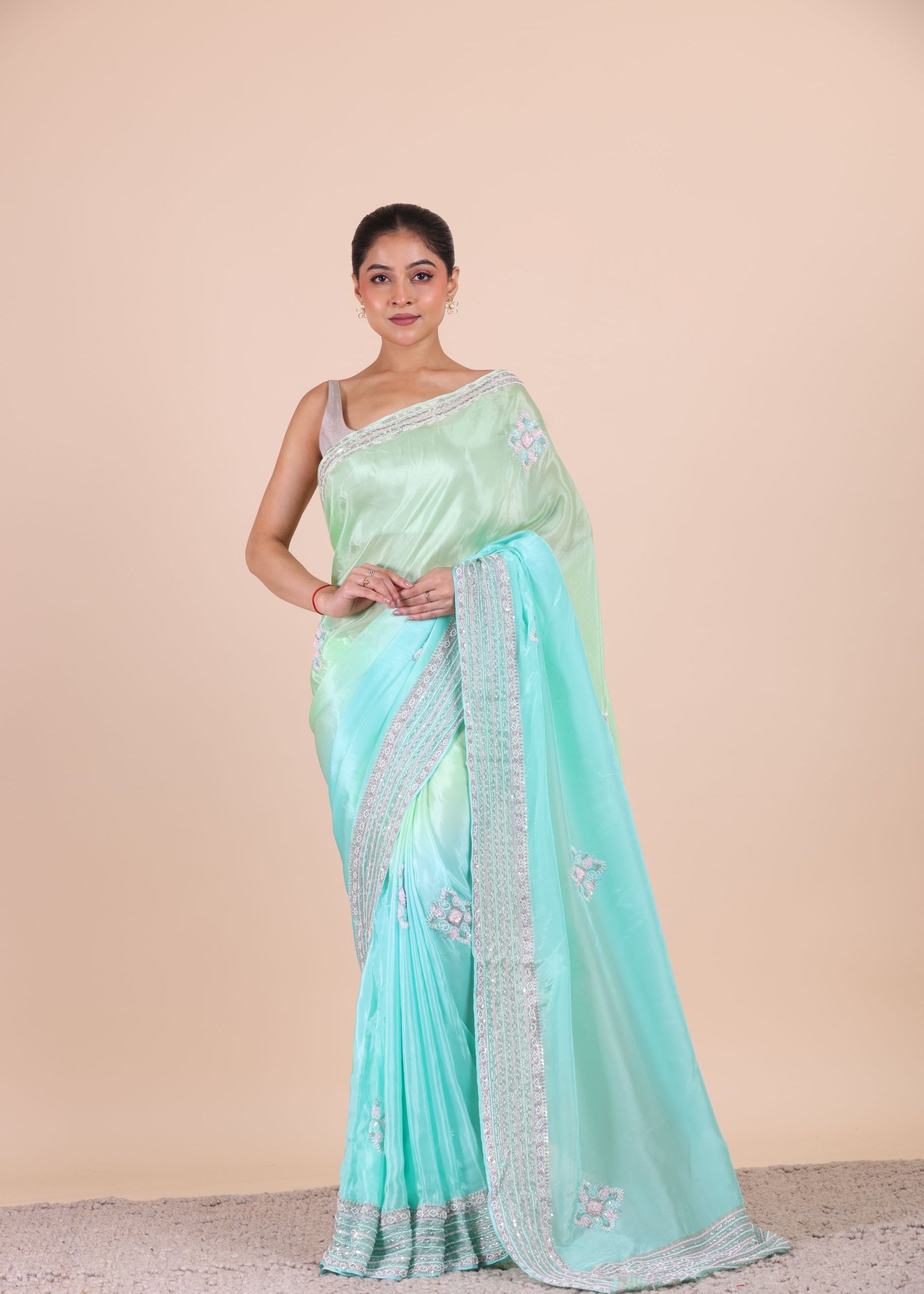 Firozi Blue Colour Ombre Cutdana Embroidered Designer Saree Front View