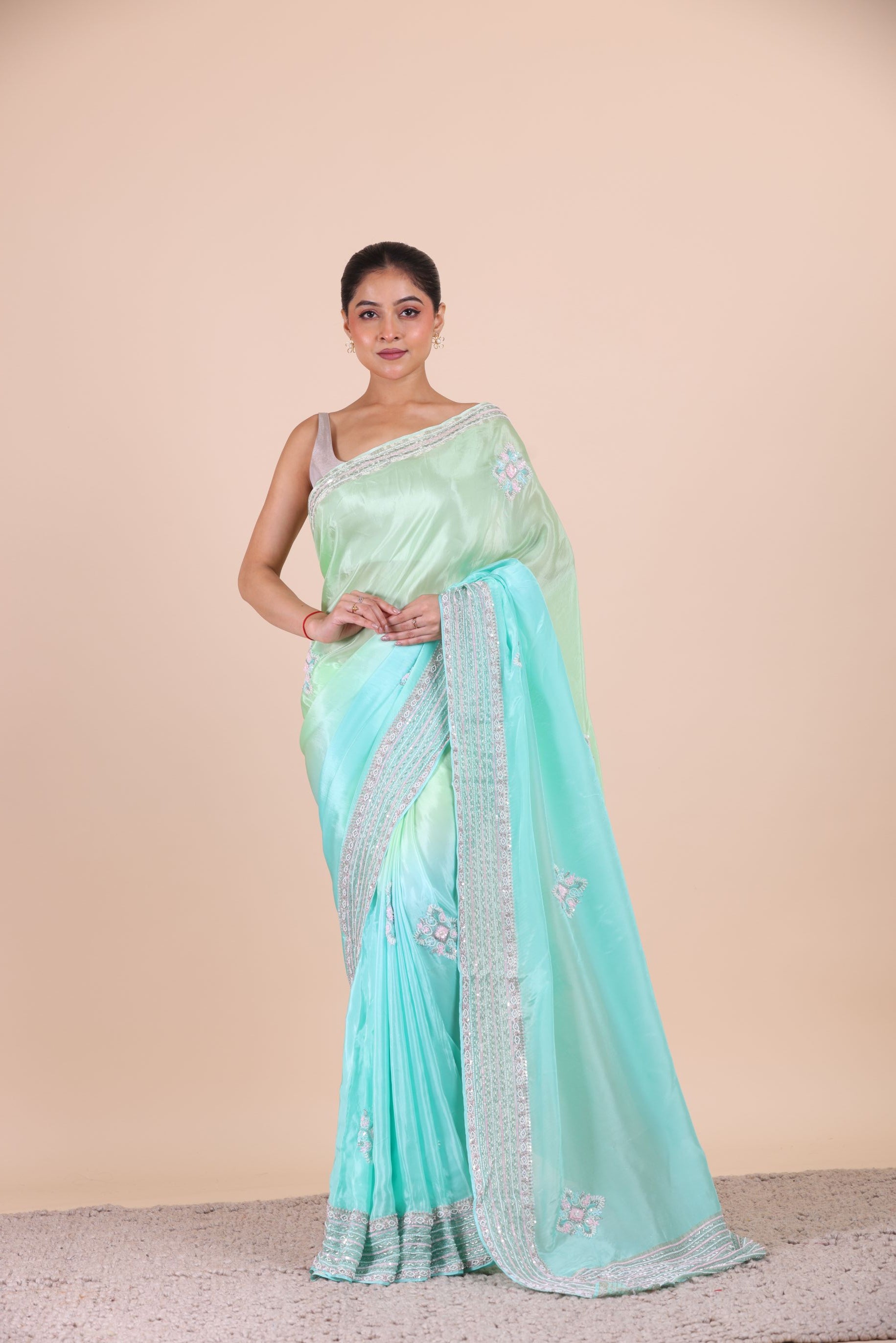Firozi Blue Colour Ombre Cutdana Embroidered Designer Saree Front View