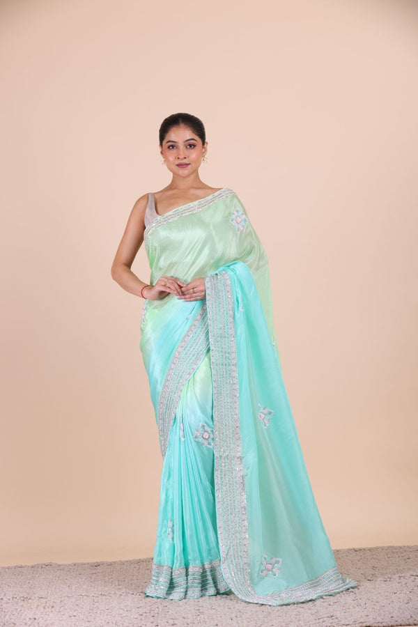 Firozi Blue Colour Ombre Cutdana Embroidered Designer Saree - Anvi Couture
