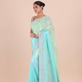 Firozi Blue Colour Ombre Cutdana Embroidered Designer Saree Side View