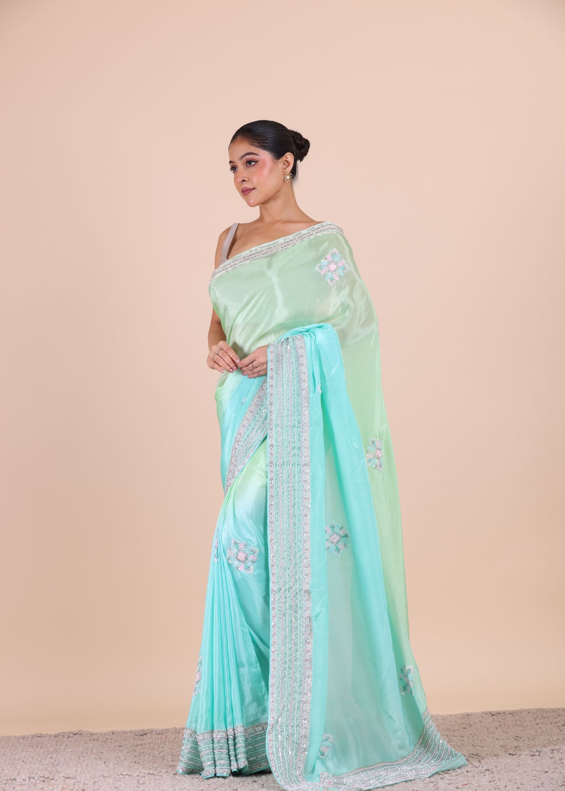 Firozi Blue Colour Ombre Cutdana Embroidered Designer Saree Side View