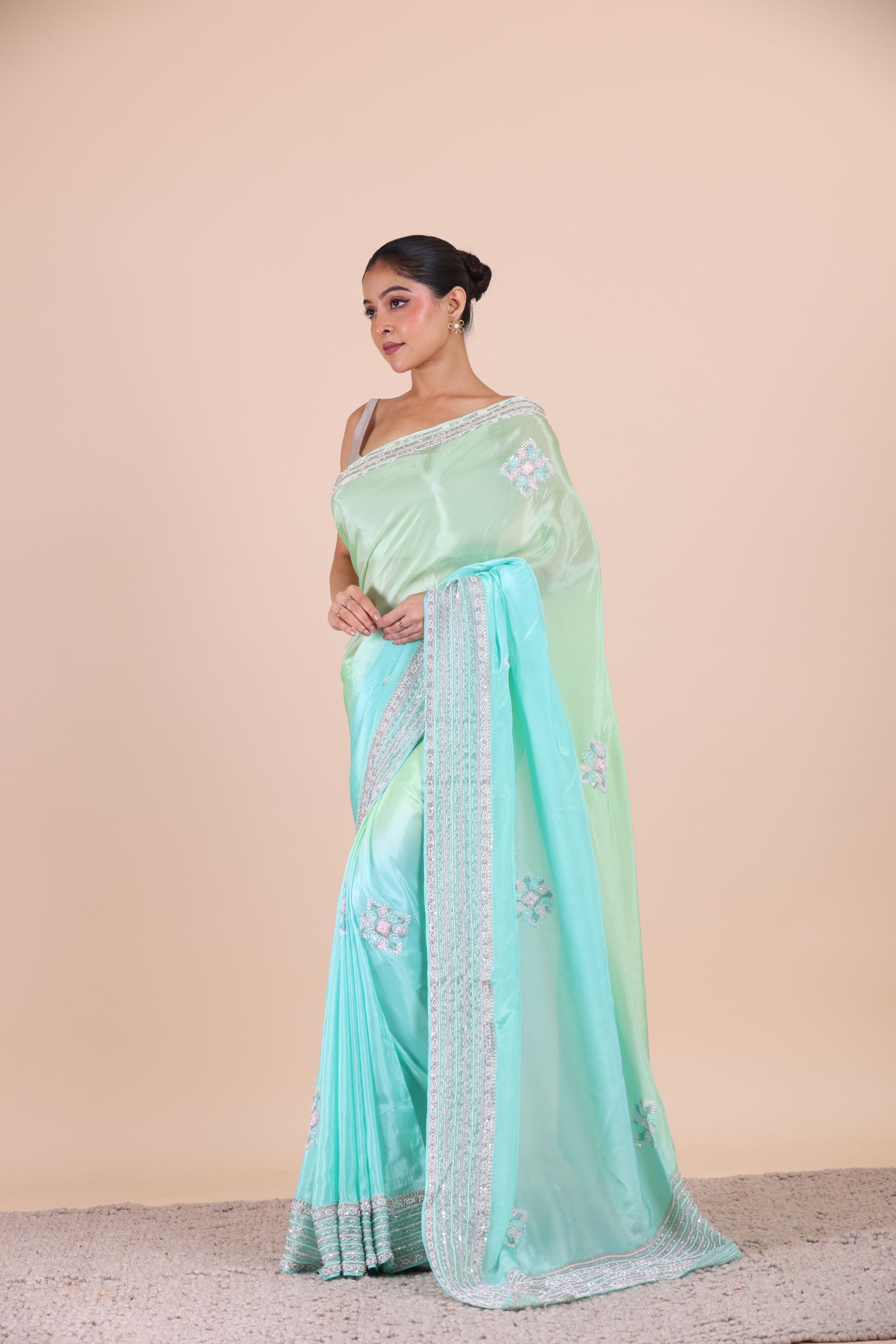 Firozi Blue Colour Ombre Cutdana Embroidered Designer Saree Side View