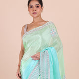Firozi Blue Colour Ombre Cutdana Embroidered Designer Saree Close Up View