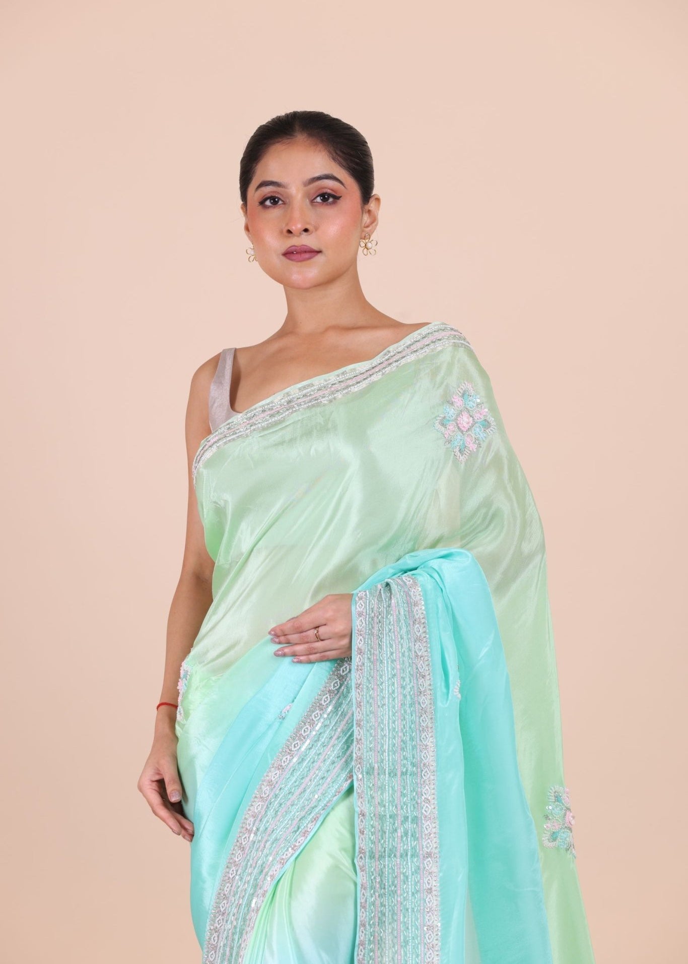 Firozi Blue Colour Ombre Cutdana Embroidered Designer Saree - Anvi Couture