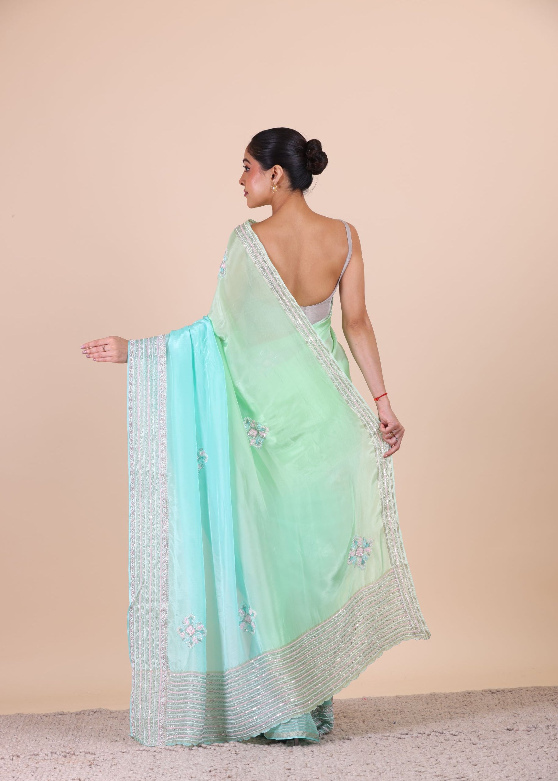 Firozi Blue Colour Ombre Cutdana Embroidered Designer Saree Back View