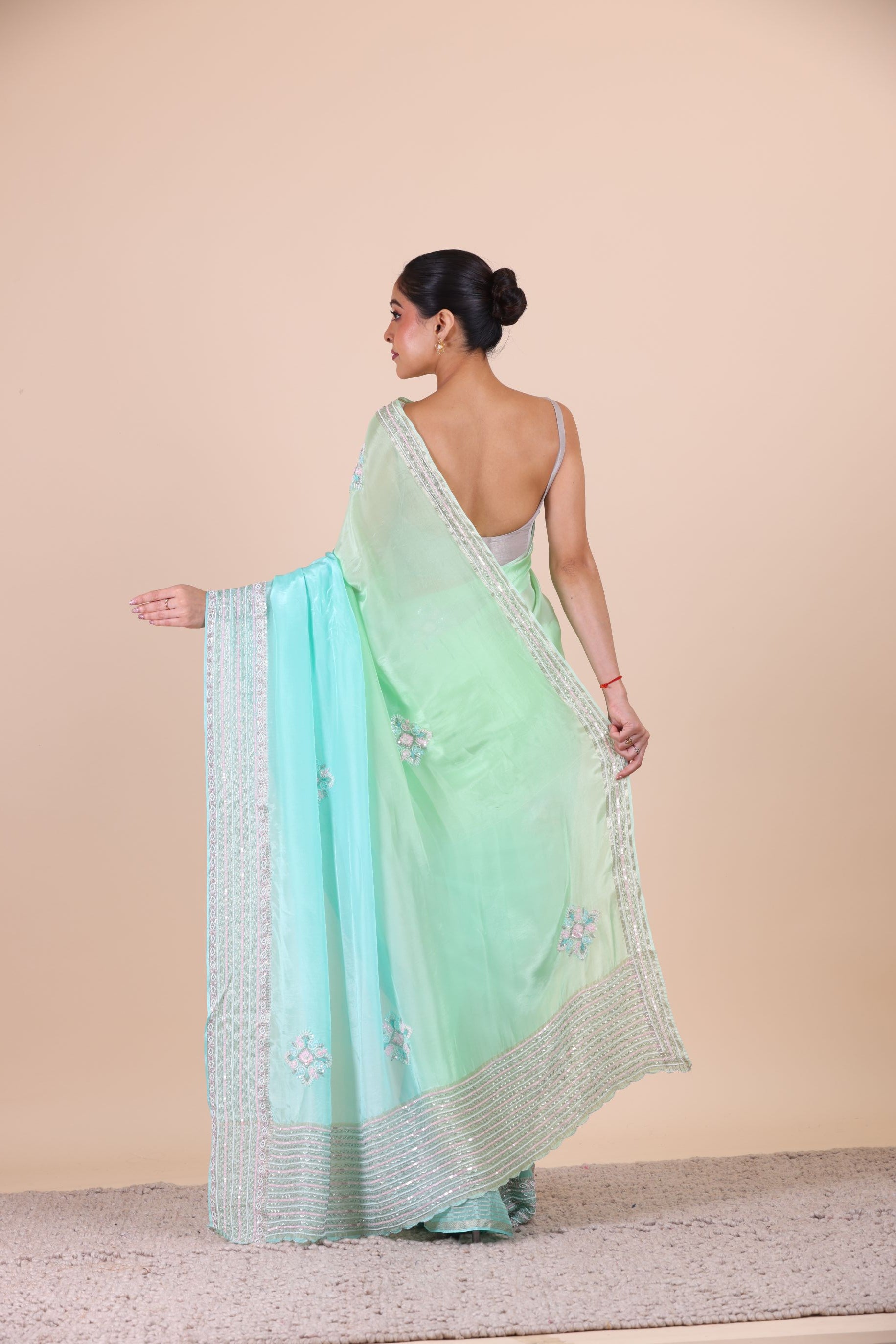 Firozi Blue Colour Ombre Cutdana Embroidered Designer Saree Back View