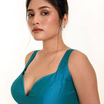Firozi Blue Sleeveless Blouse in Raw Silk With Sweetheart Neckline - Anvi Couture