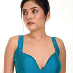 Firozi Blue Sleeveless Blouse in Raw Silk With Sweetheart Neckline -Anvi Couture