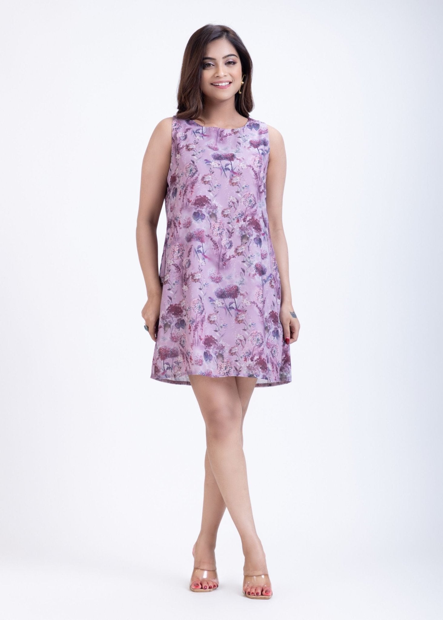 Floral Printed Georgette Lavender Short Dress - Anvi Couture