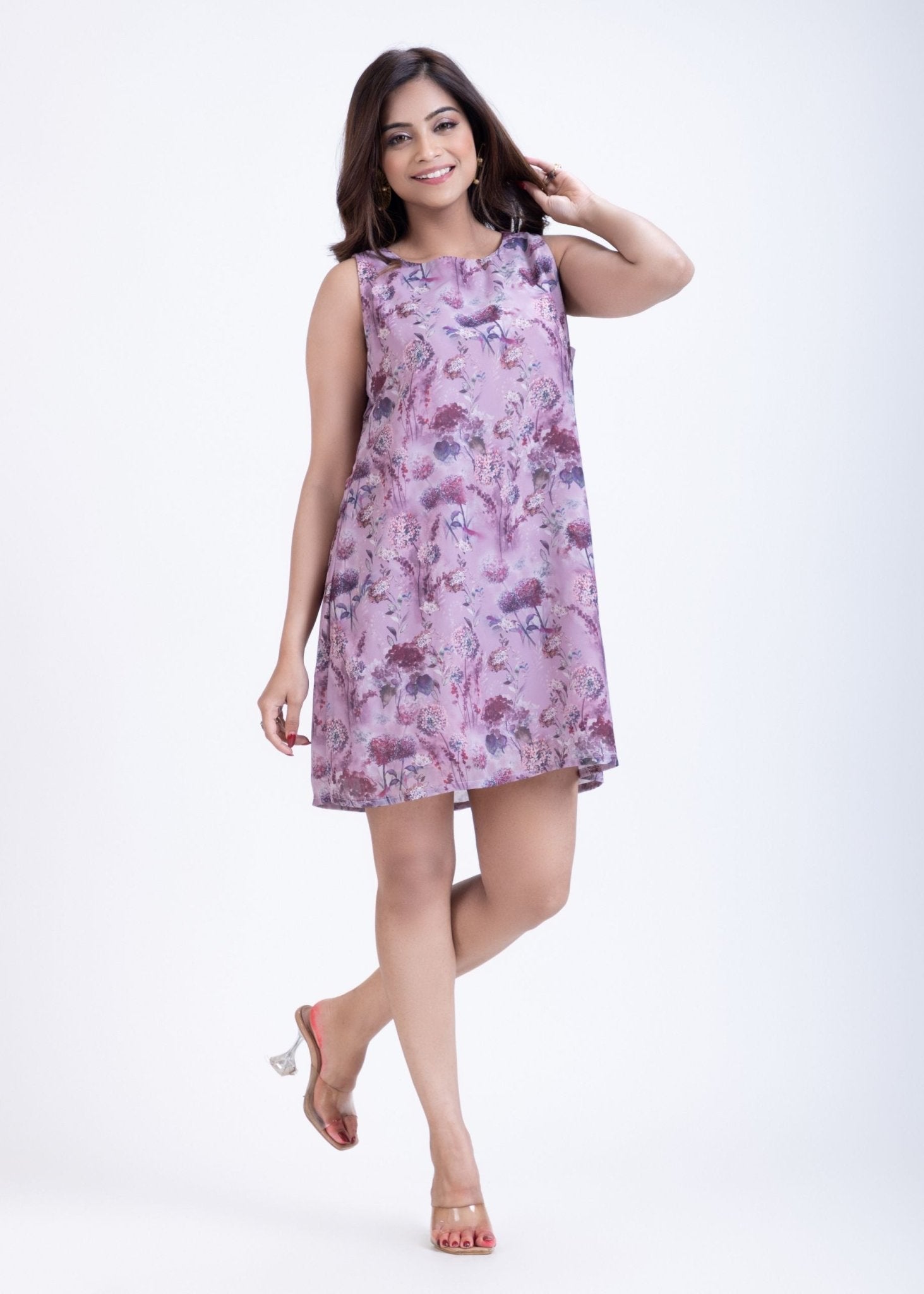 Floral Printed Georgette Lavender Short Dress - Anvi Couture