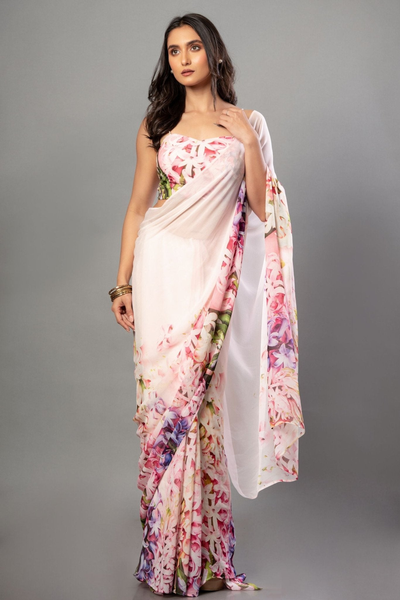 Floral Printed Pink Georgette Saree - Anvi Couture Front 1