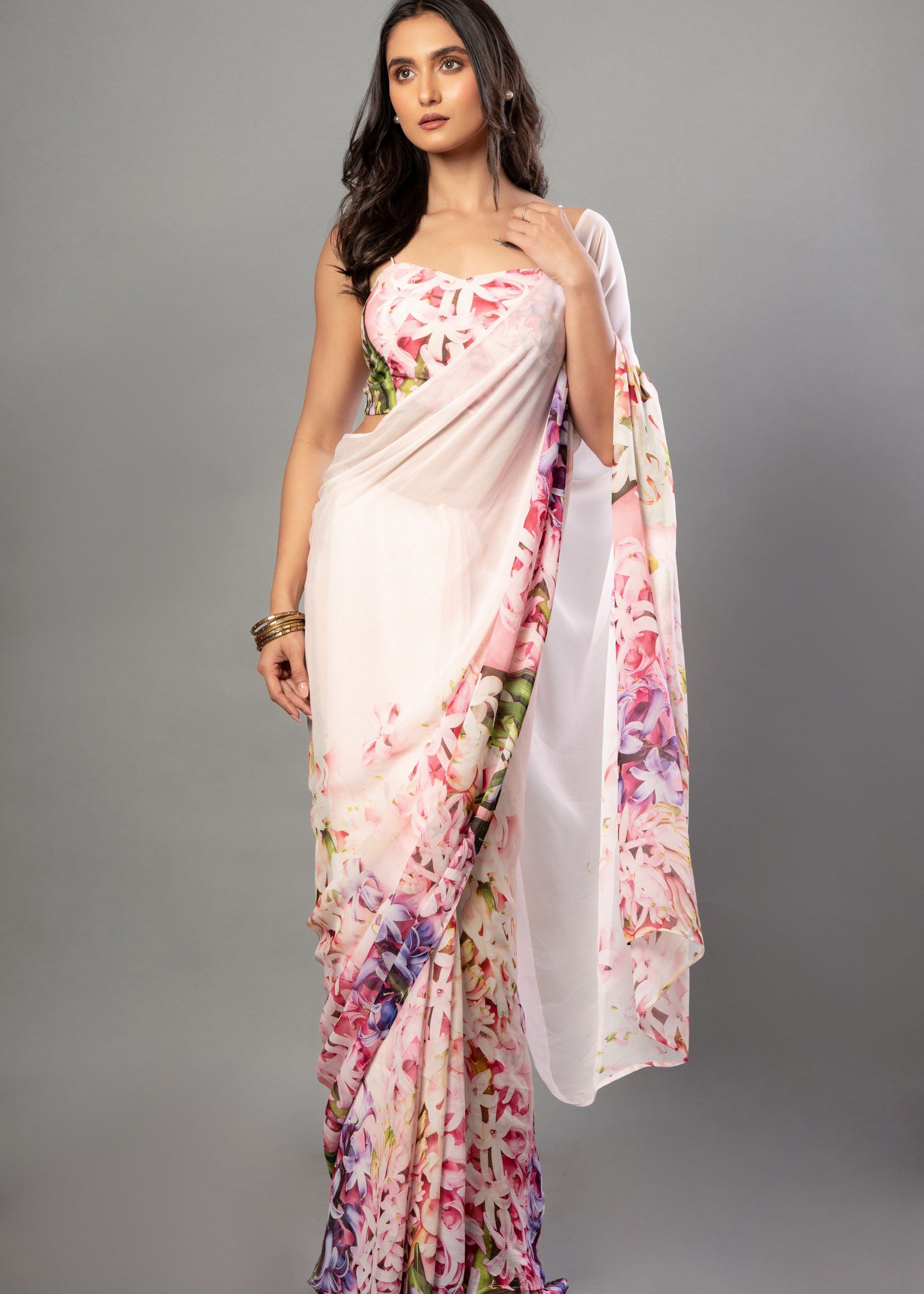 Floral Printed Pink Georgette Saree 1

