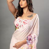 Floral Printed Pink Georgette Saree - Anvi Couture Front 2