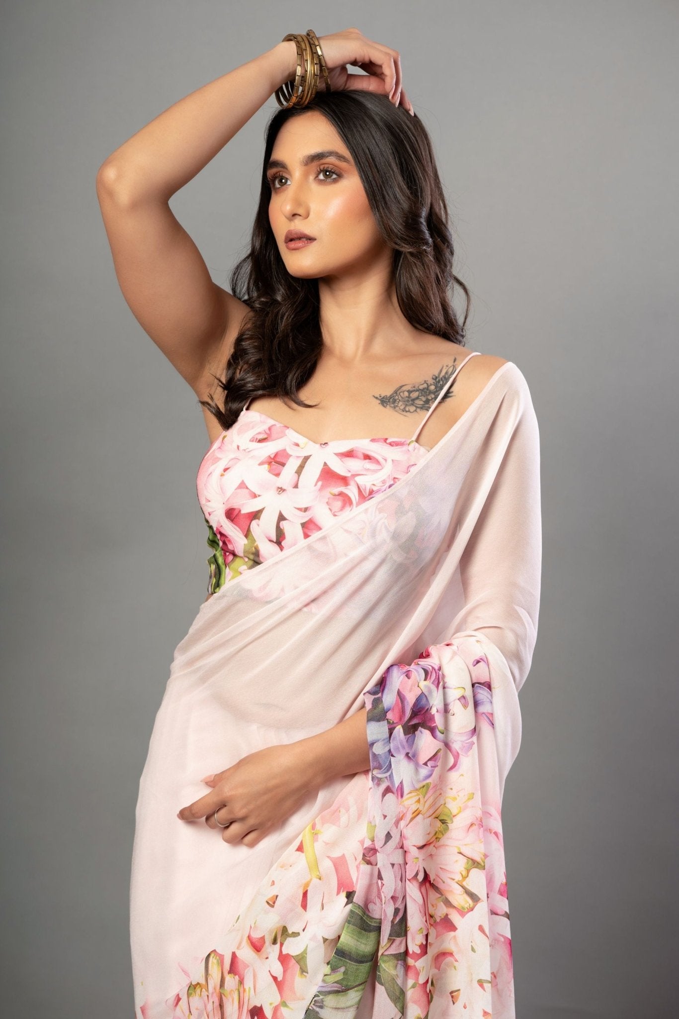 Floral Printed Pink Georgette Saree - Anvi Couture Front 2