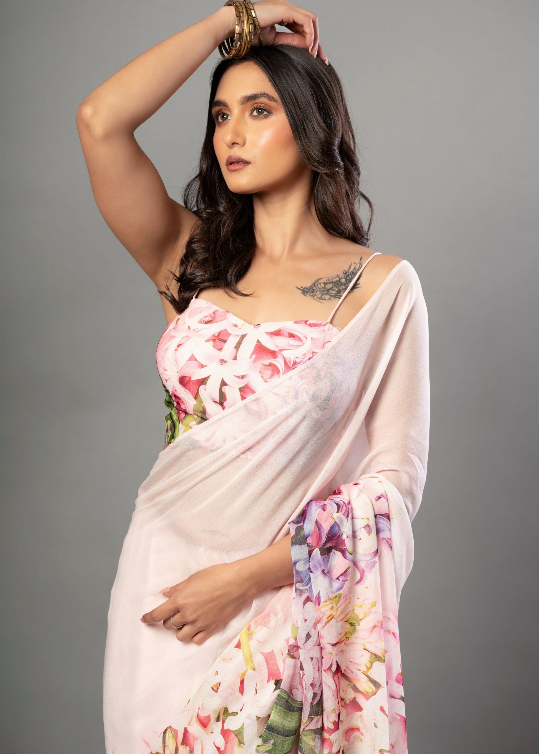 Floral Printed Pink Georgette Saree 2
